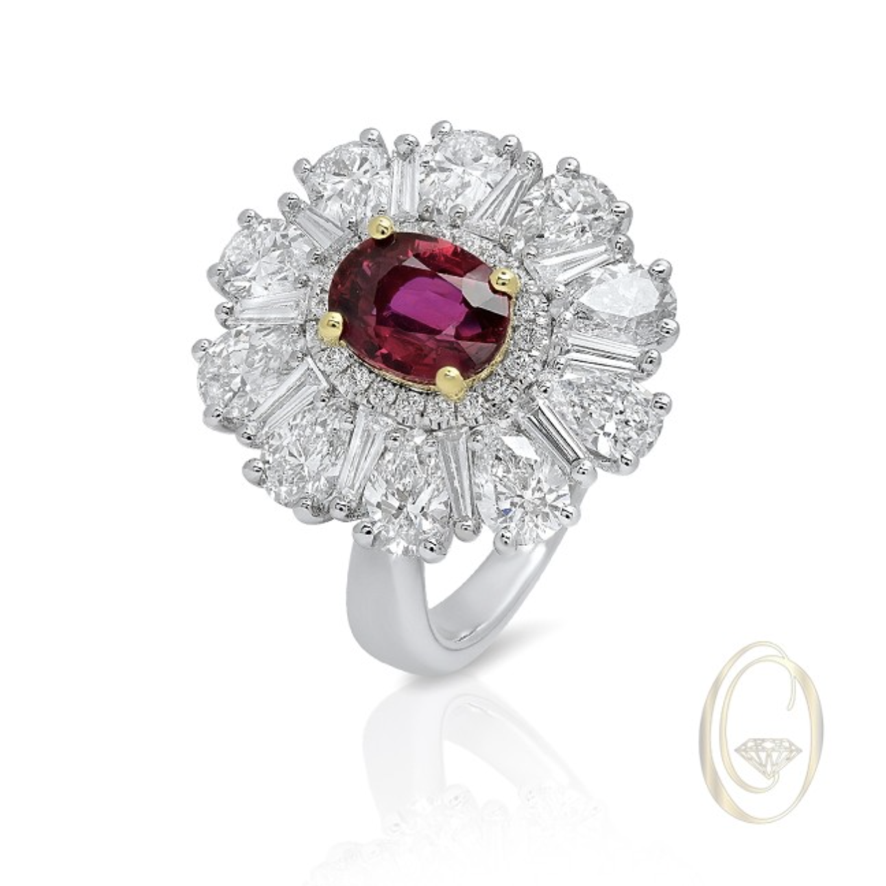 18K FANCY SHAPE DIAMOND RING WITH RED RUBY