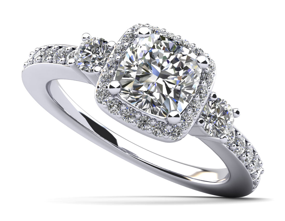 Cushion Cut Halo Diamond Engagement Ring with Side Stones